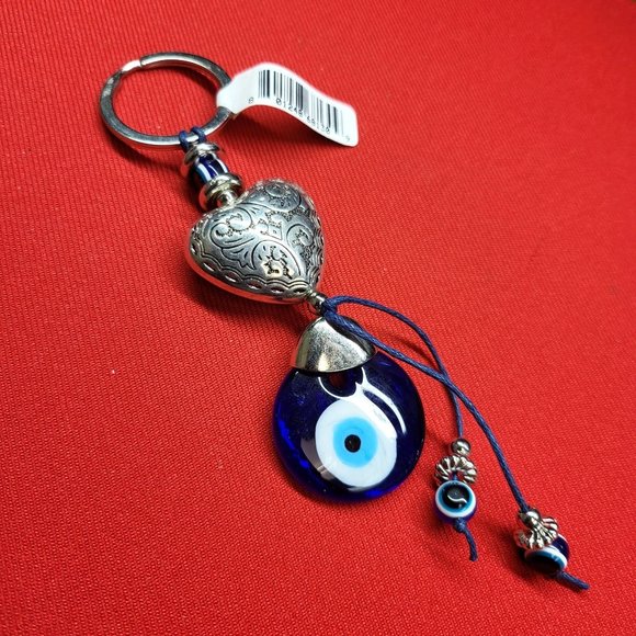 Keychain Key Ring Blue Glass Evil Eye Puffy Heart Silver Tone Metal Etched - Picture 7 of 11